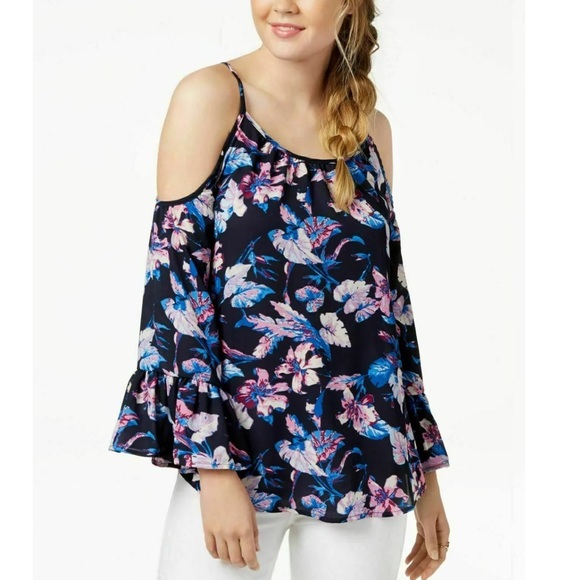 Seven Sisters Tops - 7 Sisters Bell Sleeves Cold Shoulder Floral Top Black/Pink M